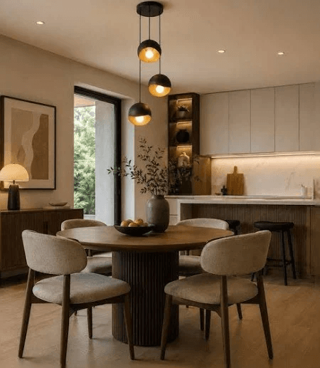 A dining area with a round wooden table, four chairs and pendant lights